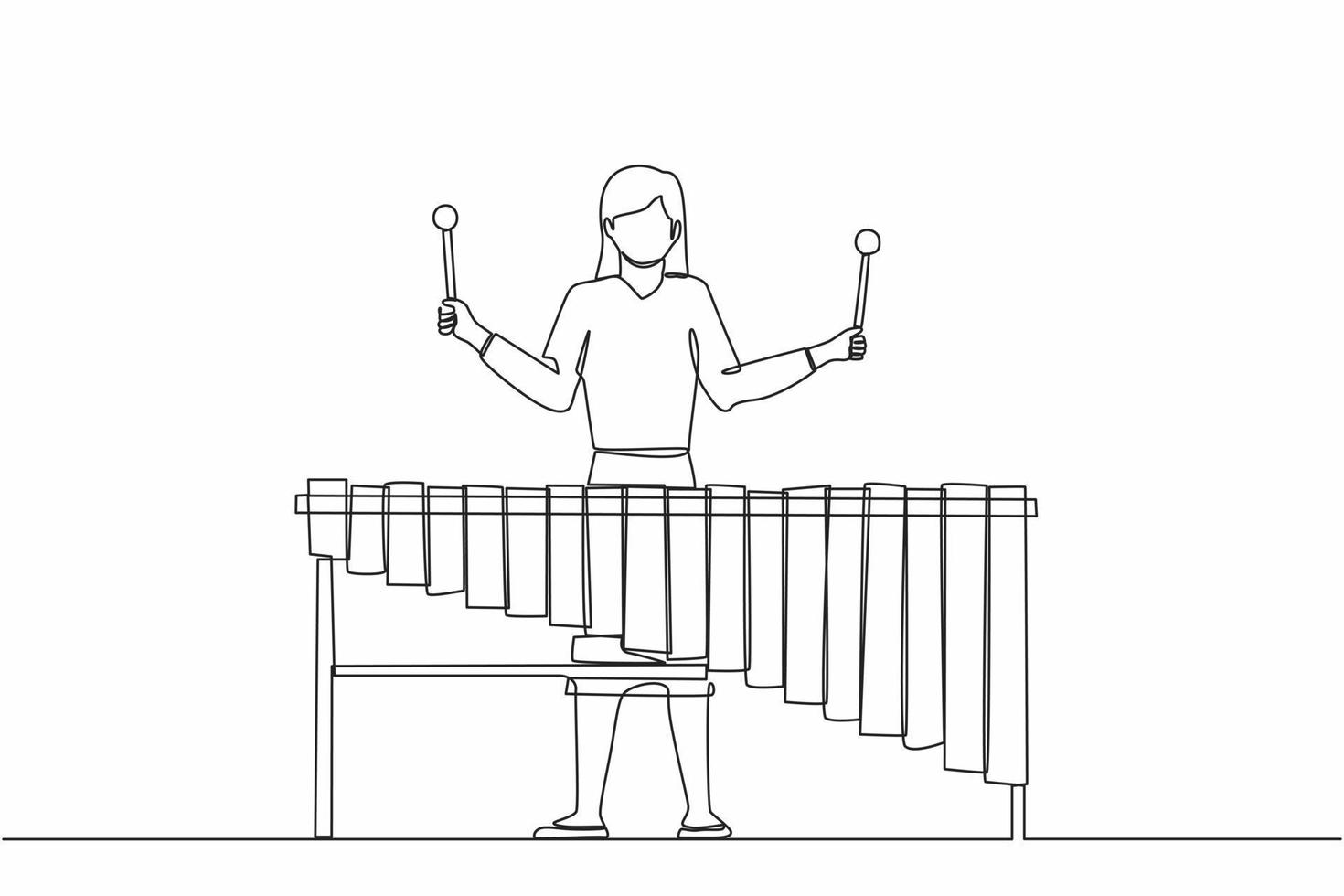 fortlaufende einzeilige zeichnung frau schlagzeuger spielen marimba. Junge Musikerin, die beim Musikfestival traditionelles mexikanisches Marimba-Instrument spielt. Vektorgrafik-Illustration für einzeiliges Design vektor