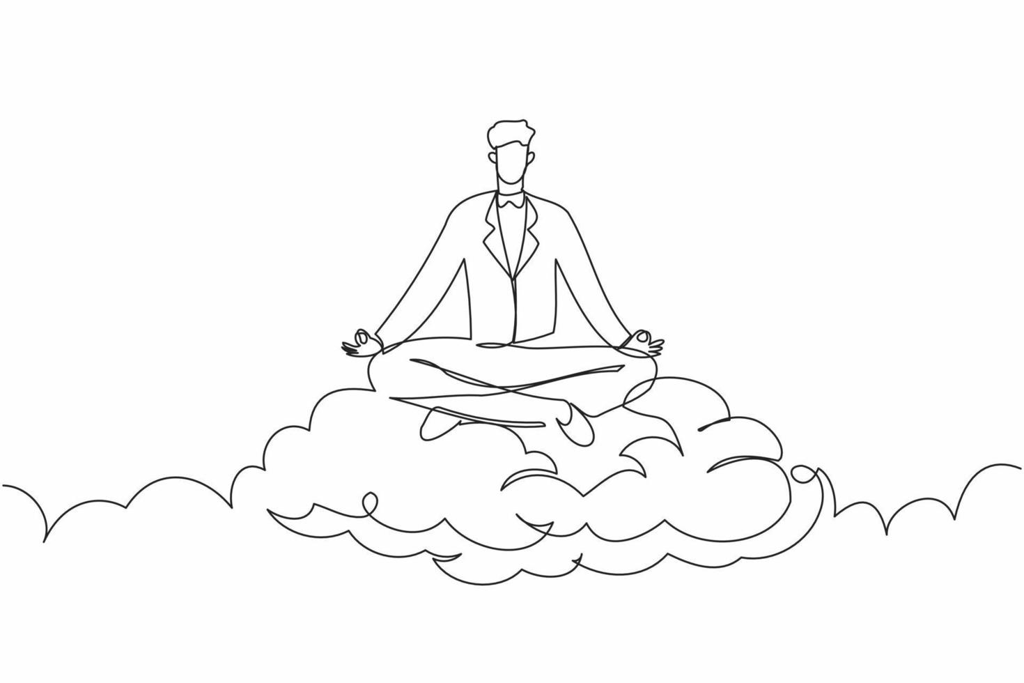 Single One Line Drawing Junger Geschäftsmann entspannt sich und meditiert im Lotussitz auf Wolken. friedlicher mann, der sich mit yoga oder meditationshaltung entspannt. ununterbrochene Linie zeichnen grafische Vektorillustration des Designs vektor