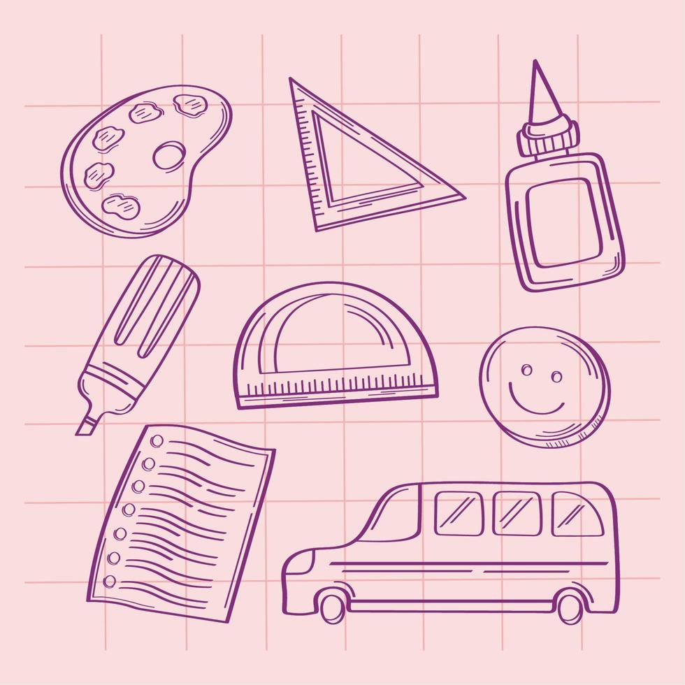 åtta skolmaterial doodle ikoner vektor