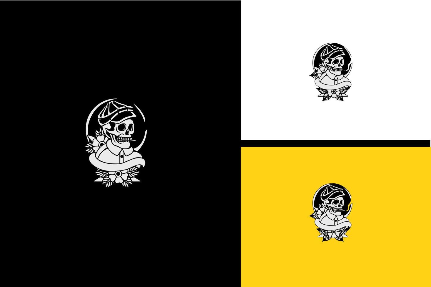 huvud skalle och blommor logotyp vektor svart och vitt