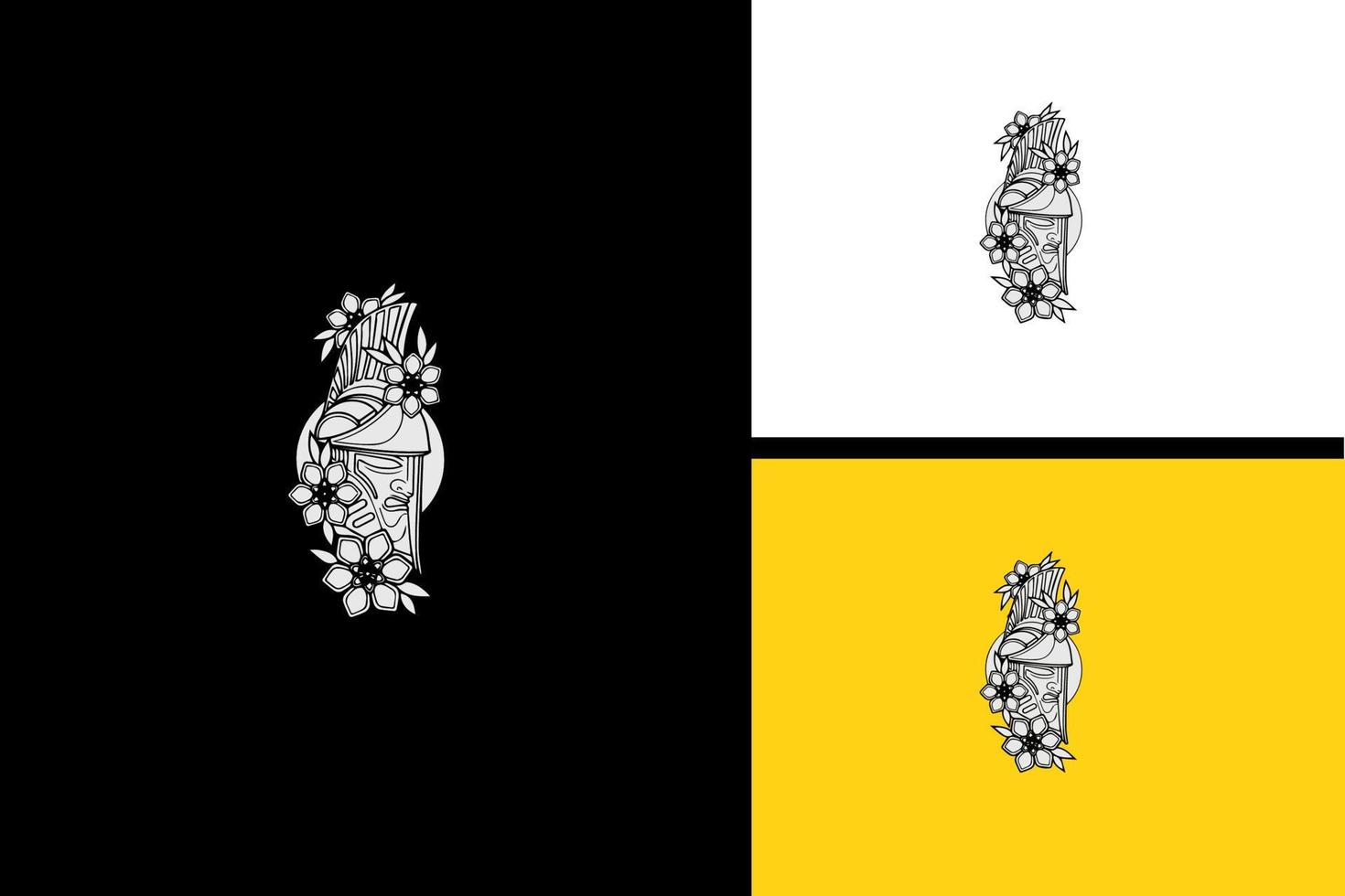 huvud sodier och blomma logotyp design svart och vitt vektor