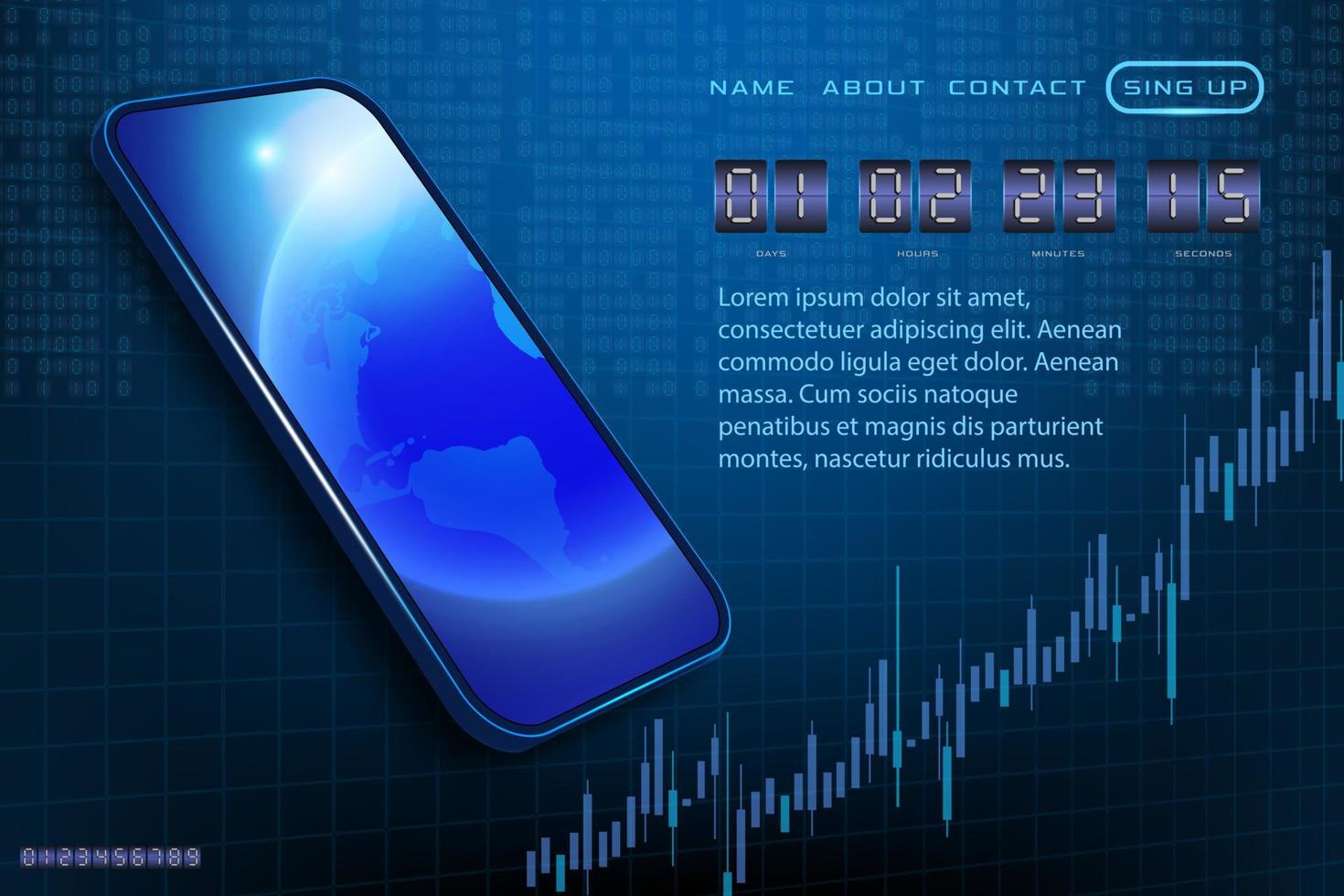 High-Tech-Hologramm des Planeten Erde auf dem Smartphone-Bildschirm mit Vektordiagramm für Investitionsfinanzdaten. Börsendiagramm. Infografik-Elemente und realistische Weltkarte vektor