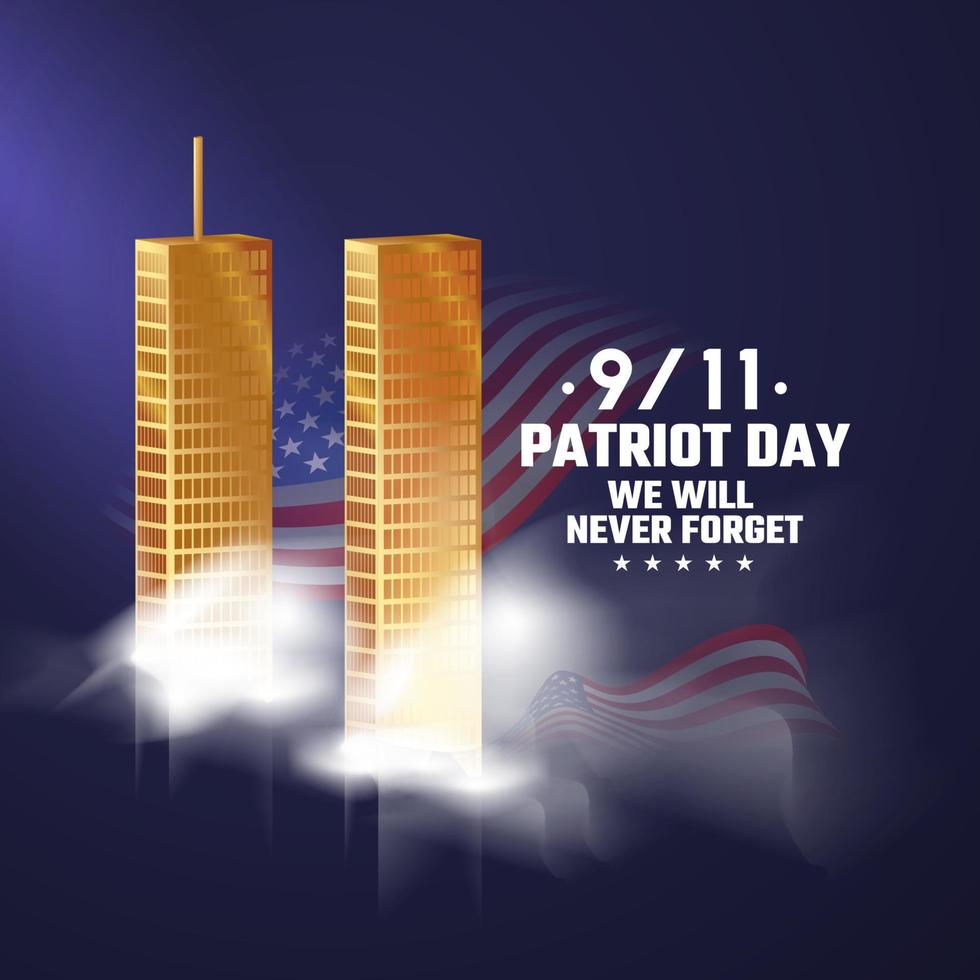 9 11 gedenktag 11. september. patriot tag nyc world trade center. Wir werden die Terroranschläge vom 11. September nie vergessen. Twin Towers, die die Zahl elf darstellen. goldener Zwillingsturm wtc vektor