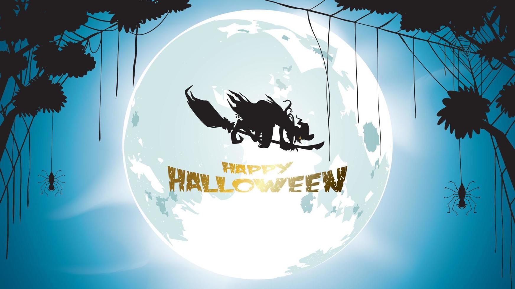 mörk halloween häxfluga med månen på blå himmel, spindlar och fladdermöss, illustration. reklamblad eller inbjudningsmall för banner, fest, inbjudan. vektor illustration med plats för din text eller kopia utrymme