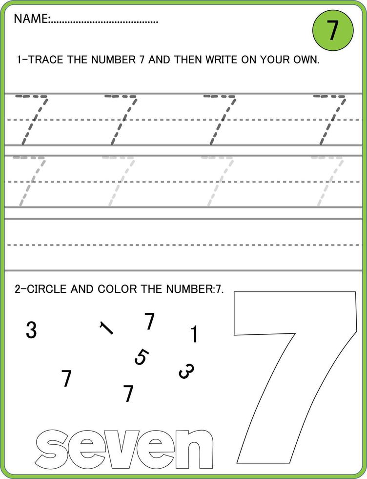 Aktivitäten zur Verfolgung von Nummern. Verfolgen Sie das pädagogische Kinderspiel Nummer 7, druckbares Arbeitsblatt vektor