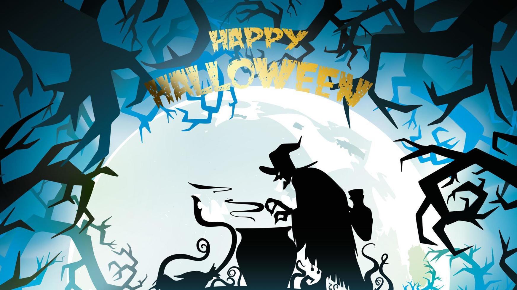 spöklik nattbakgrund med fullmåne, läskiga träd och skogssilhuetter. halloween banner med kopia utrymme för hälsningar, för text promo eller inbjudan till en fest. vektor illustration