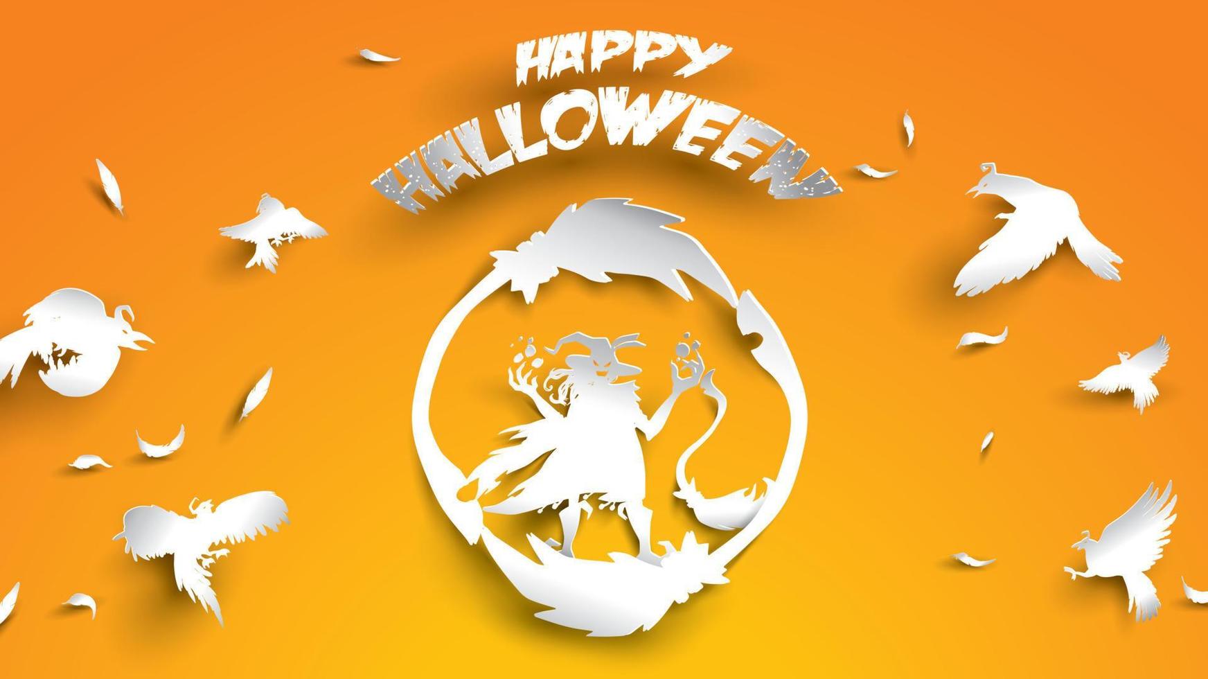 halloween bakgrund med häxa, kvastskaft och kråka i papperskonst carving stil. banner, affisch, flyer eller inbjudningsmall fest. vektor illustration.