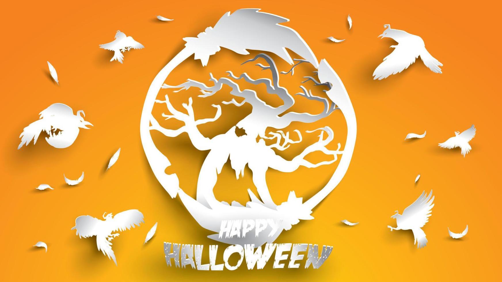 halloween bakgrund med hemsökt träd, kråka och kvastskaft i papperskonstsnideristil. banner, affisch, flyer eller inbjudningsmall fest. vektor illustration.