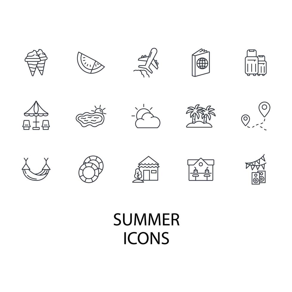 Sommerferien-Icons gesetzt. Sommerferien-Packsymbol-Vektorelemente für Infografik-Web vektor