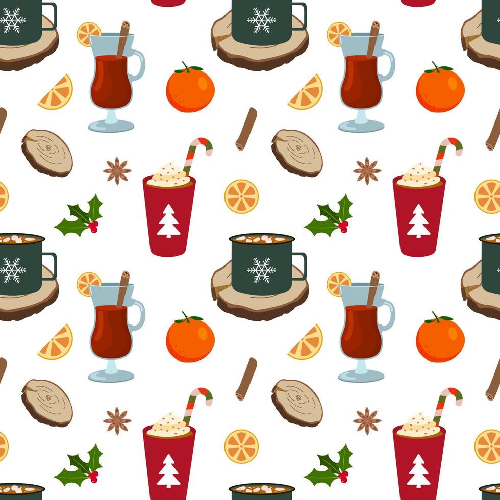 heißes Winterweihnachtsgetränk. Kaffee mit Sahne, Kakao mit Marshmallow, Glühwein. Vektor nahtlose Muster. isoliert auf weißem Hintergrund. Geschenkpapier, Grußkarten, Textildesign.