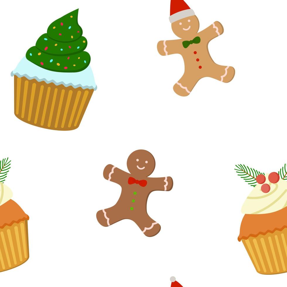 weihnachtscupcakes und lebkuchenmannplätzchen mit nahtlosem muster des cremevektors. isoliert auf weißem Hintergrund. perfekt für einladungen, karten, geschenkpapier. vektor