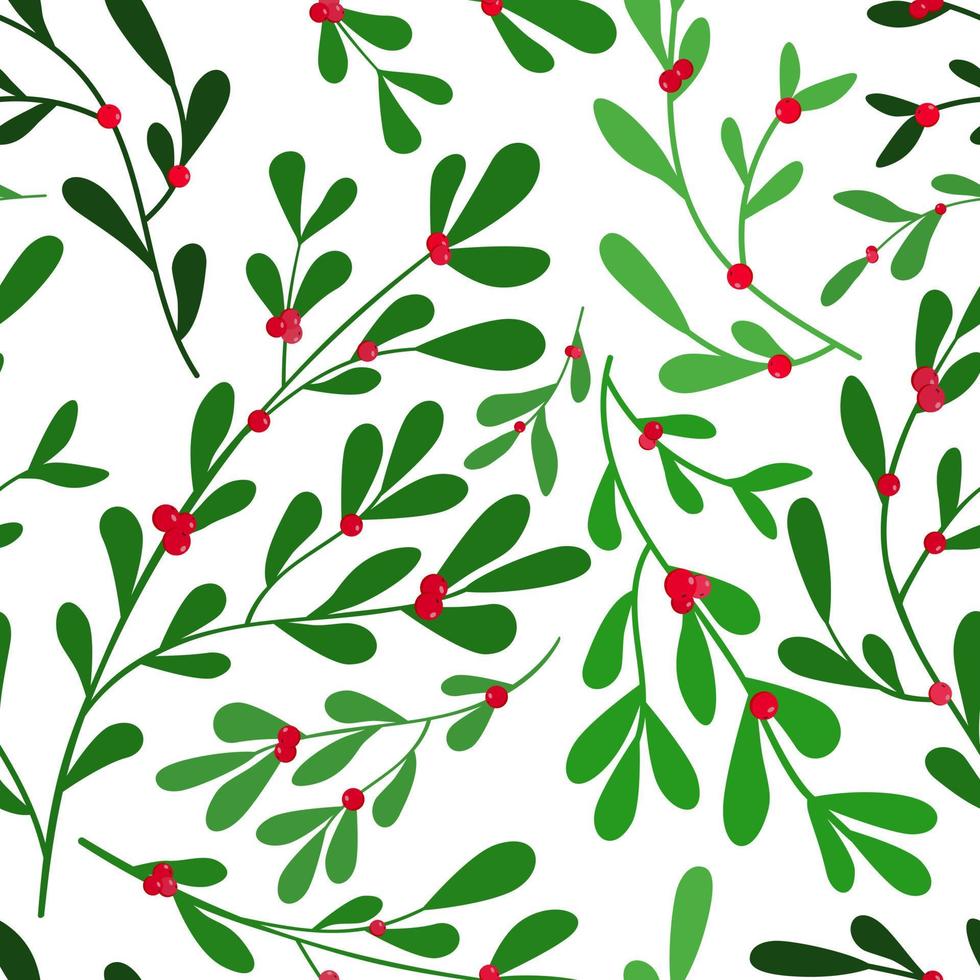 Weihnachten Winterurlaub grüne Mistelzweige und rote Beeren Vektor nahtloses Muster. isoliert auf weißem Hintergrund. Ideal für Grußkarten, Einladungen, Winterurlaubsdekorationen.