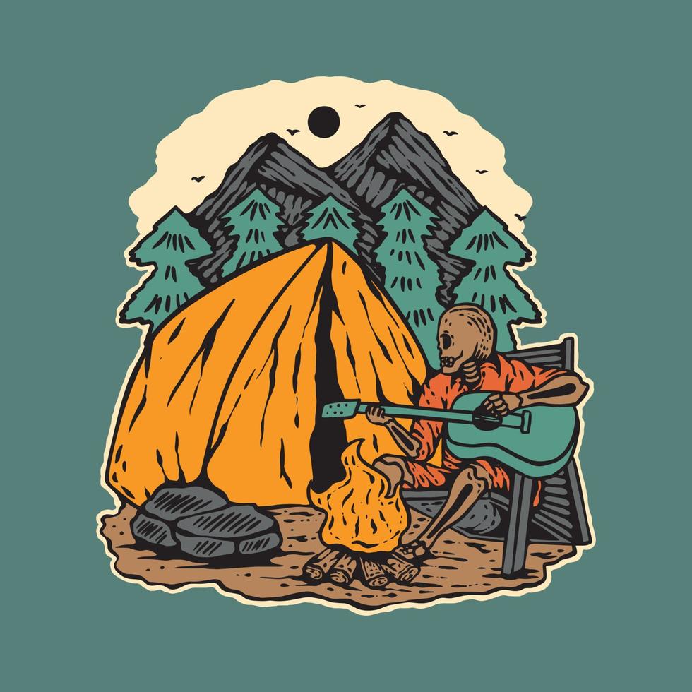 ursprüngliche vektorillustration im weinlesestil. vintage camping im hintergrund des berges. mann spielt gitarrenkonzept. Illustration T-Shirt-Print-Design vektor