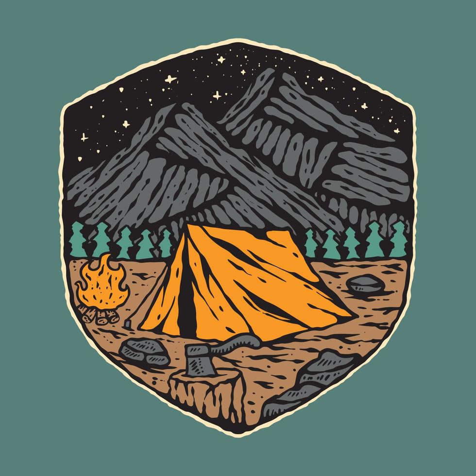 original vektorillustration i vintagestil. vintage camping bakgrunden av berget. illustration tee print design vektor