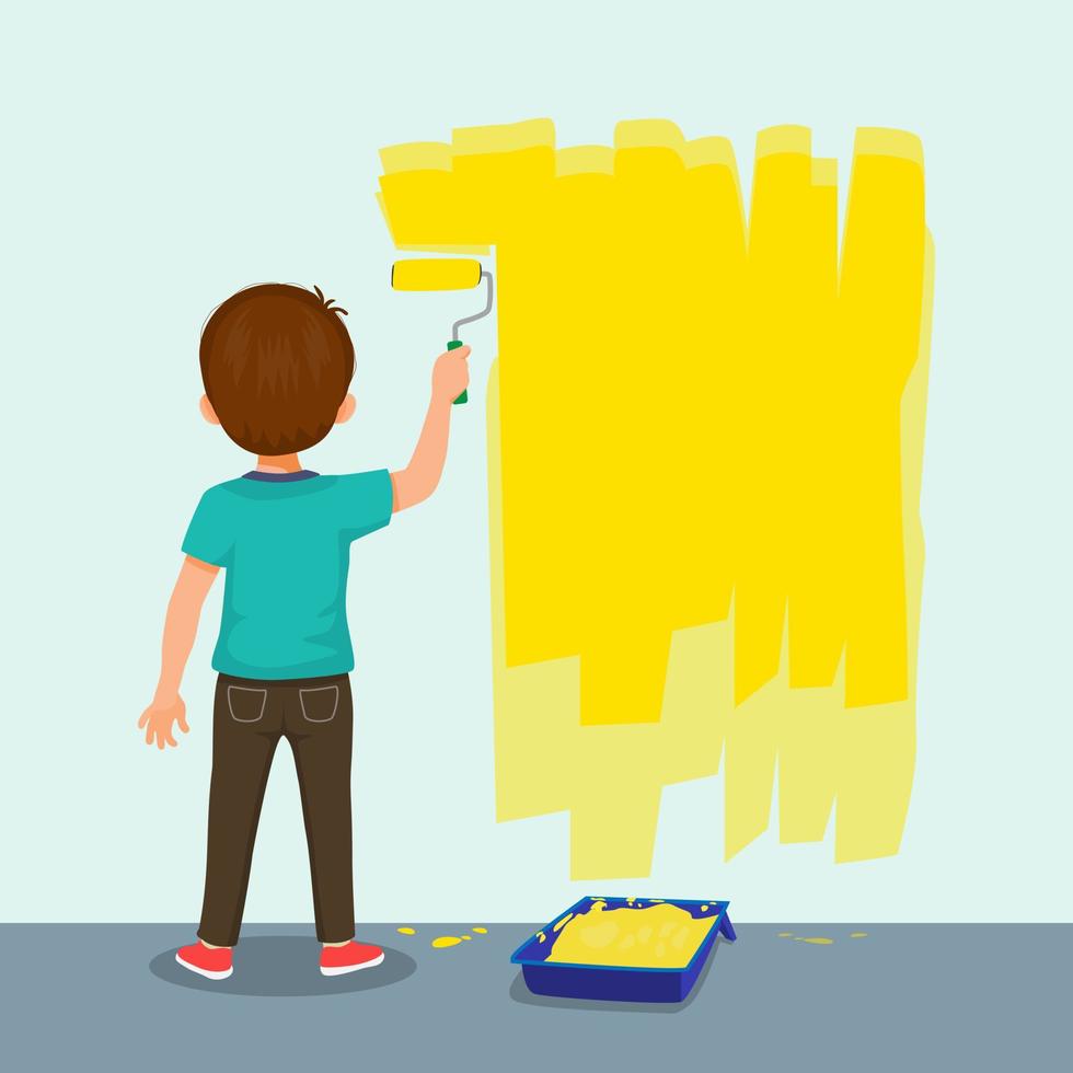 bakifrån av söt liten pojke målning på väggen i gul färg med målarrulle vektor