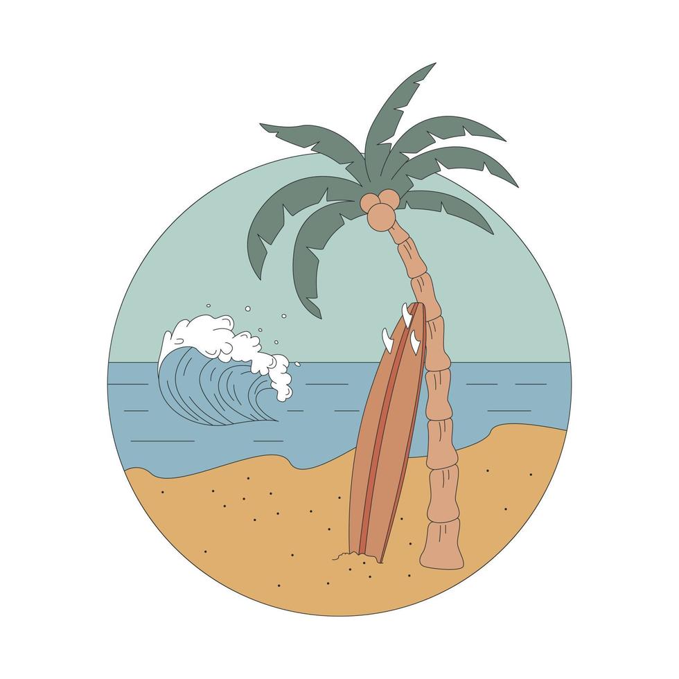 Abzeichen mit Meer, Palme und Surfbrett im Kreis. flache vektorillustration. das Konzept des Surfens. vektor