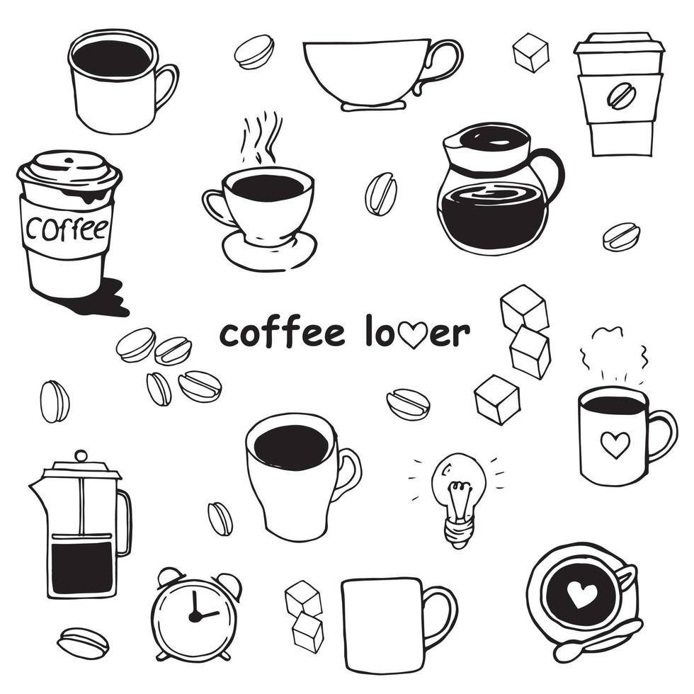 Gekritzelart-Vektorillustration. set mit einfachen zeichnungen von kaffee. Tassen, Kaffeebohnen, niedliche Zeichnungen mit Herzen. kaffeekanne und tassen mit kaffee-, plastik- und papiergläsern. vektor