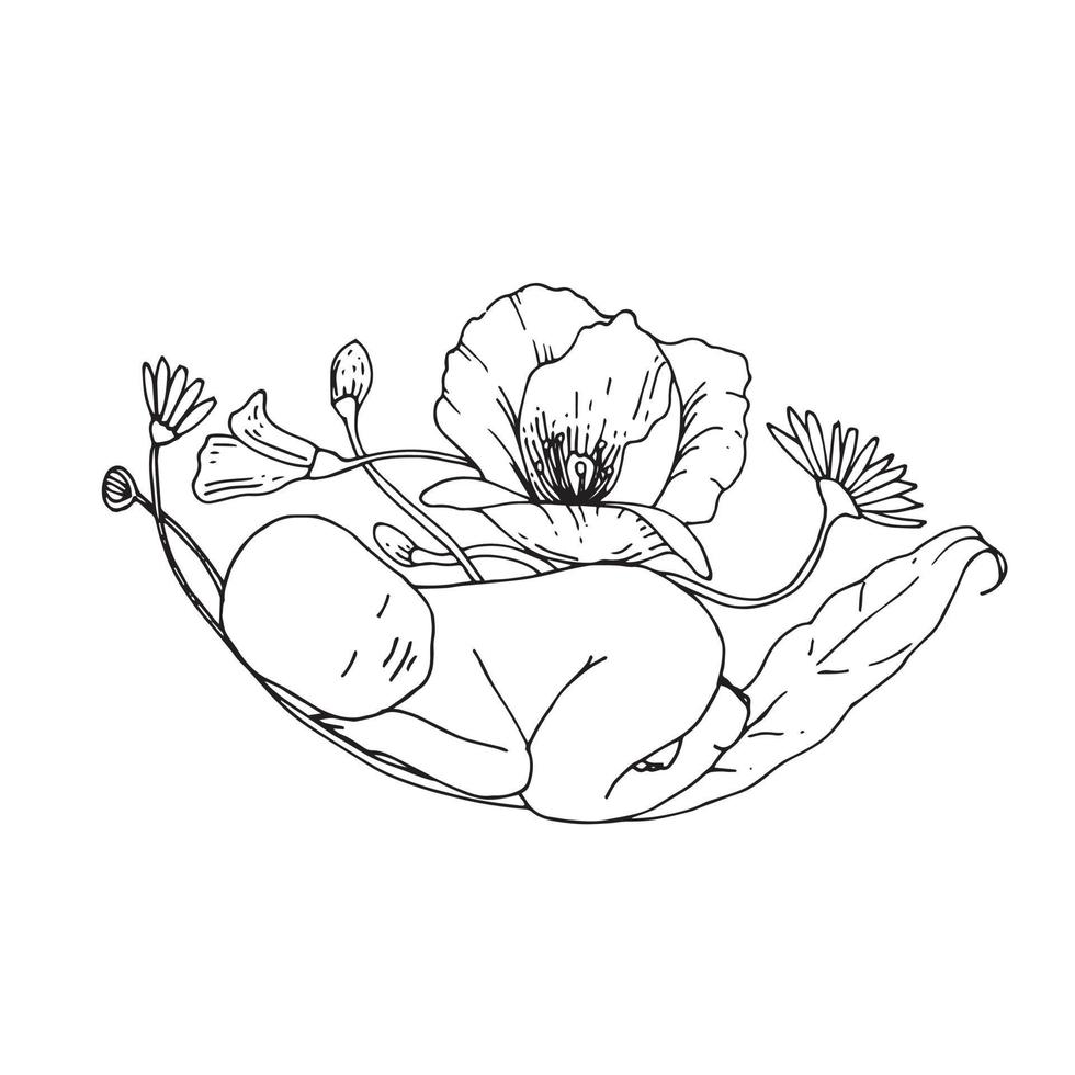 vektorillustration, baby schläft in blumen. Ein kleines Kind schläft umgeben von hellen Farben. symbol für mutterschaft, schwangerschaft, geburt, stillzeit. natürlich vektor