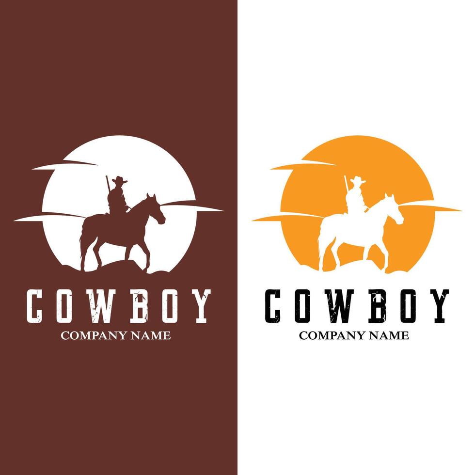 cowboy man rider häst kraftfullt siluett vid solnedgången, ikon logotyp design vektor