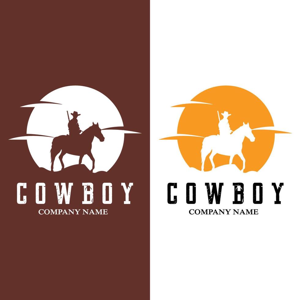 Cowboy-Mann reitet kraftvoll Silhouette bei Sonnenuntergang, Icon-Logo-Design vektor