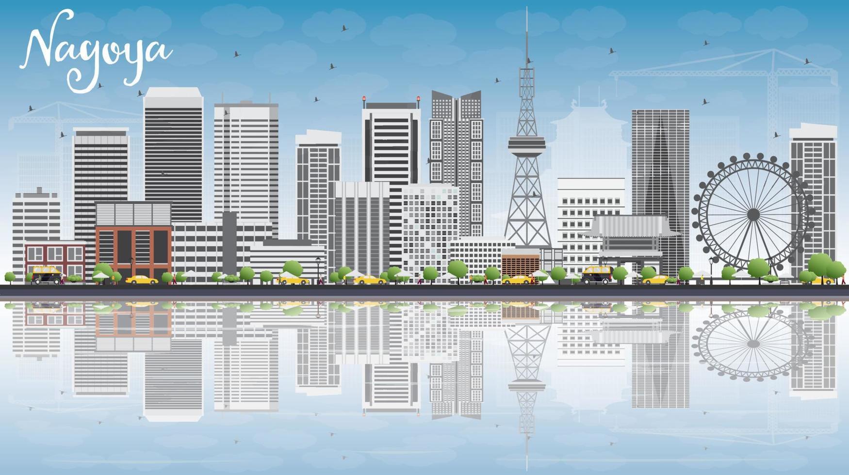 Nagoyas skyline med grå byggnader, blå himmel och reflektioner. vektor