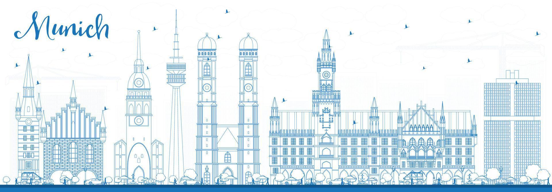 skissera Münchens skyline med blå byggnader. vektor