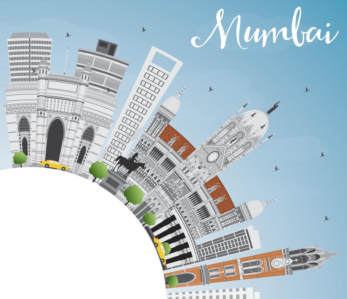 Skyline von Mumbai mit grauen Wahrzeichen und blauem Himmel. vektor