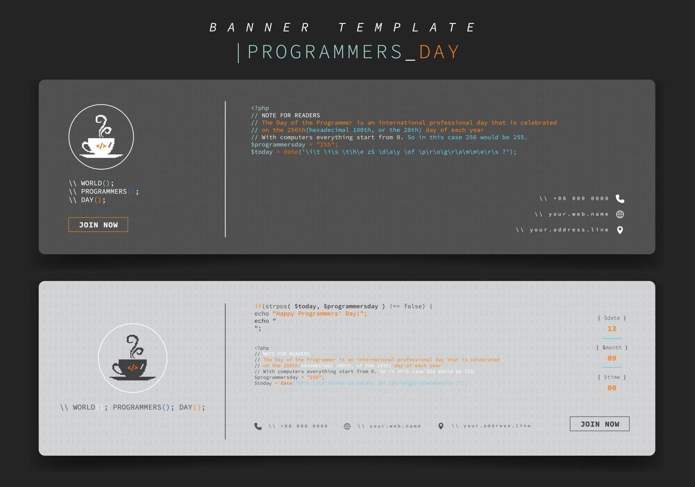 Banner-Vorlage im Landschaftsdesign mit Pixelkaffee und Codierungstext für Programmierer-Tagesdesign vektor