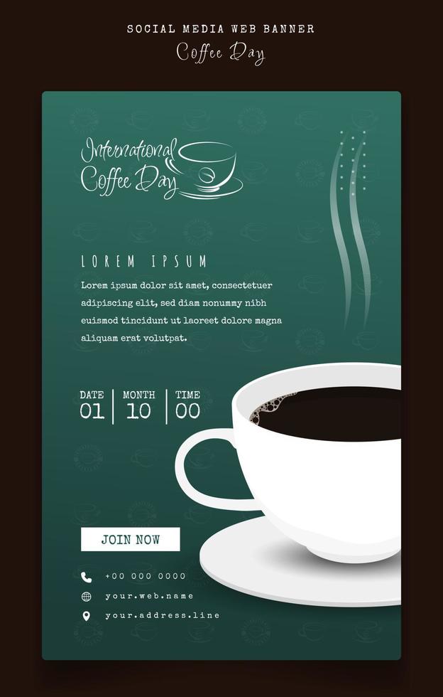 banner mall i grön bakgrund med kaffe design för internationell kaffe dag reklam vektor