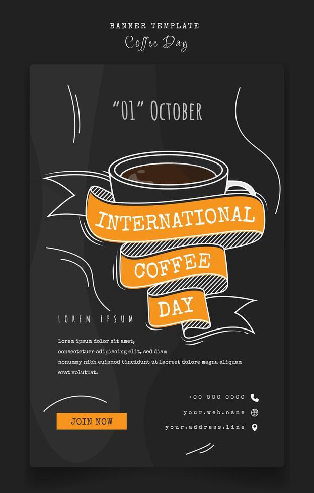 internationales kaffeetagesdesign in schwarzem plakat mit schriftzug und cartoon-kaffeetassendesign vektor