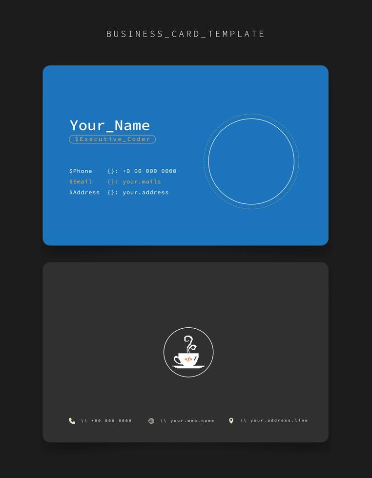visitkortsmall i blå och grå bakgrund med pixelkaffeikon för programmerares identitet vektor