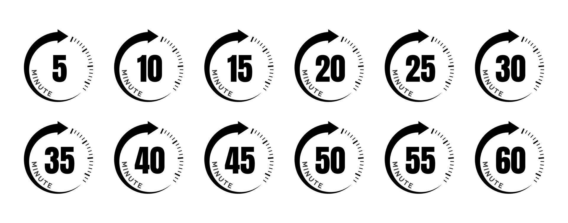 Timer-Icon-Sammlung. Set von Timer-Stoppuhr-Symbolen. Countdown von 0 bis 60 Sekunden. vektor