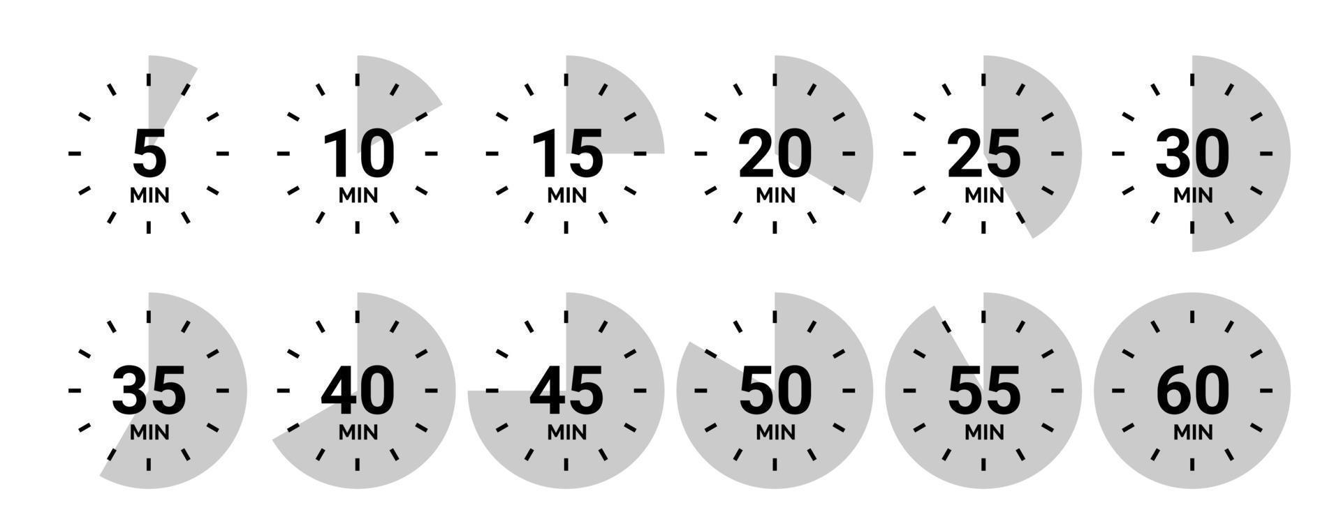 timer ikon samling. uppsättning timer stoppur ikoner. nedräkning från 0 till 60 sekunder. vektor