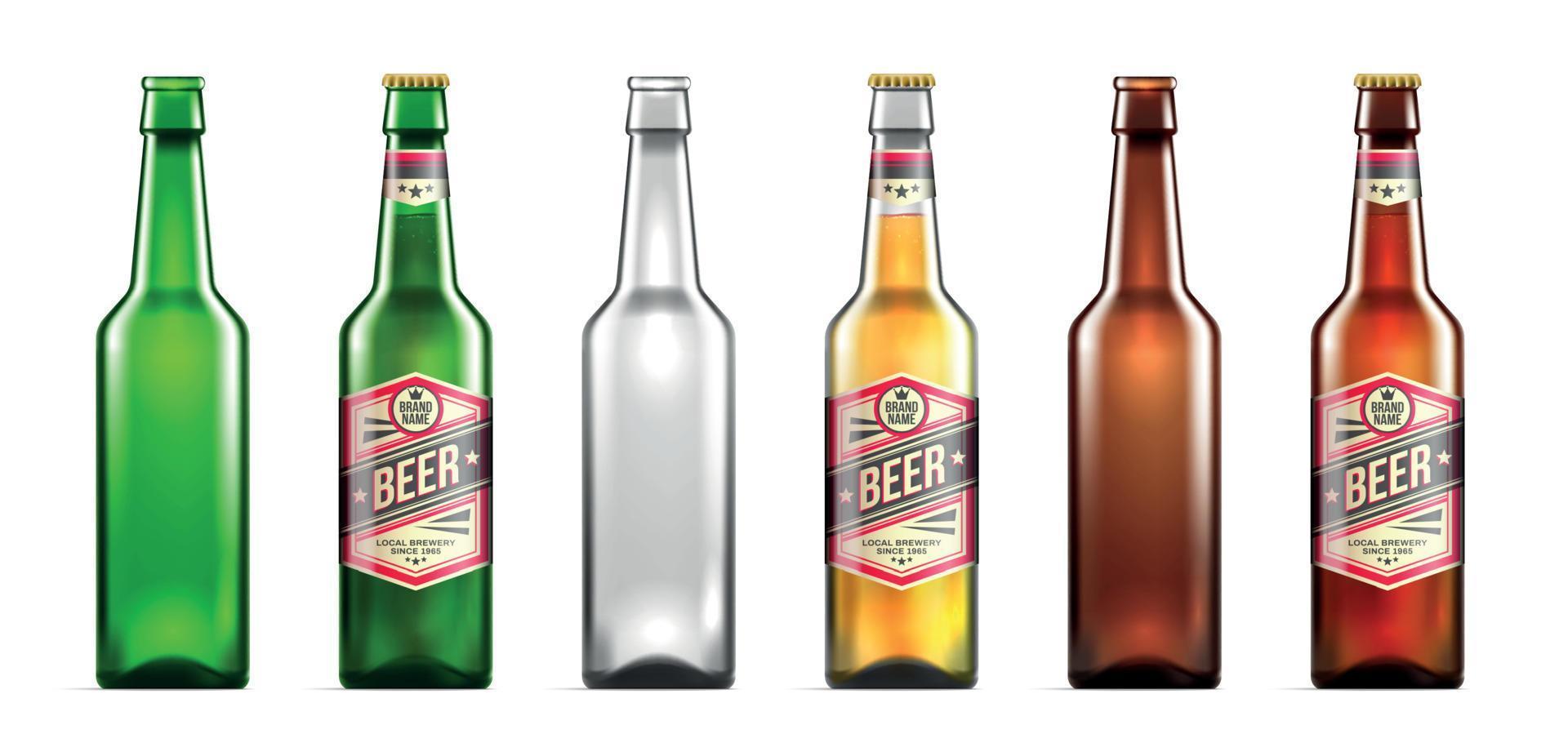 realistiska ölflaskor ikonuppsättning vektor