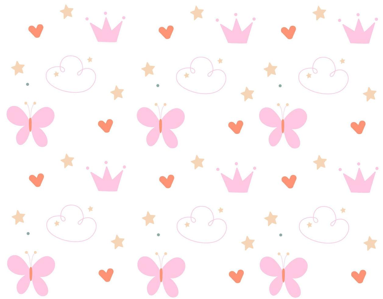 Babymuster mit rosa Schmetterling, Kronen und süßem Herzen vektor