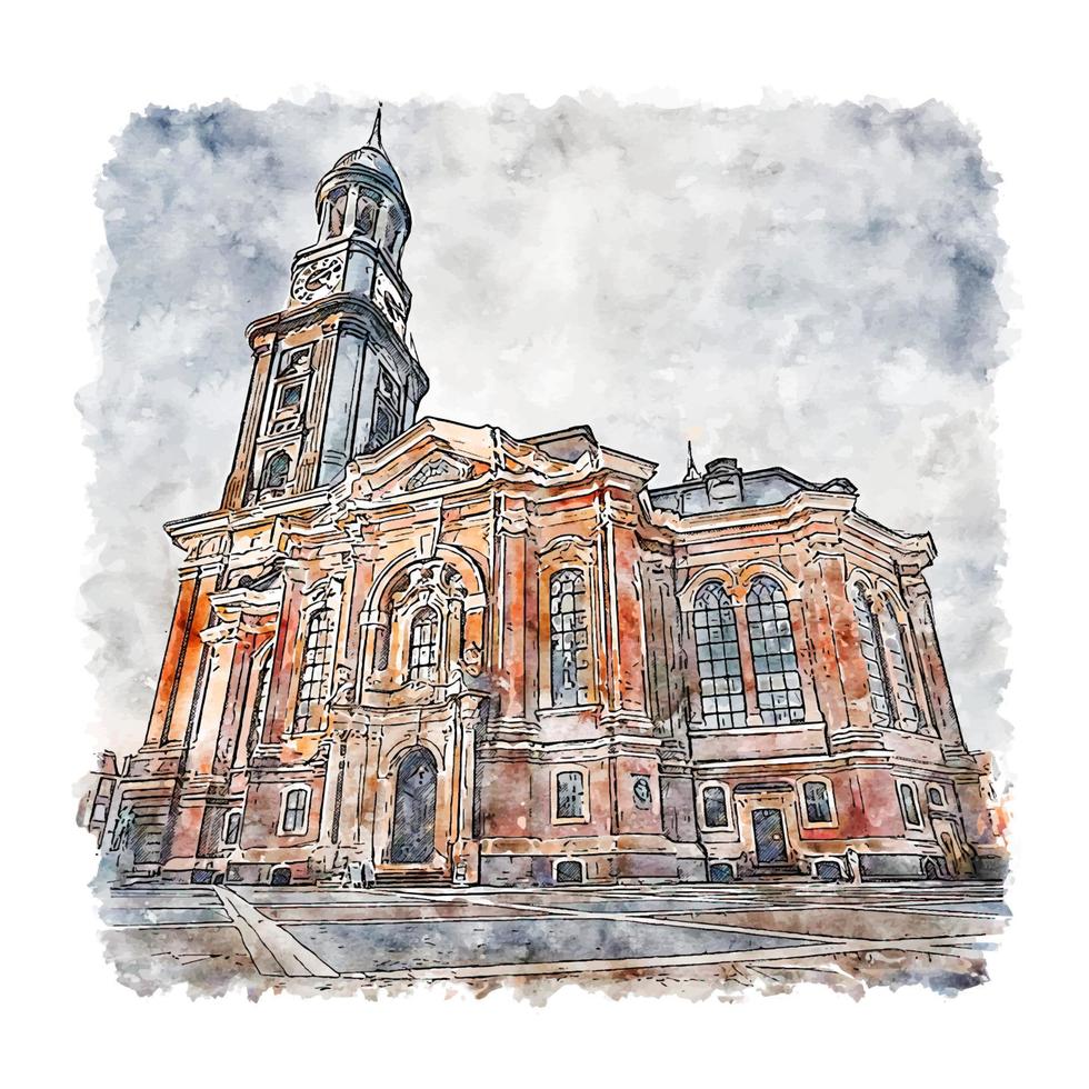 hauptkirche st michaelis deutschland aquarell skizze handgezeichnete illustration vektor