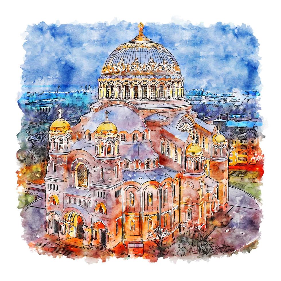 kronstadt Naval Cathedral akvarell skiss handritad illustration vektor