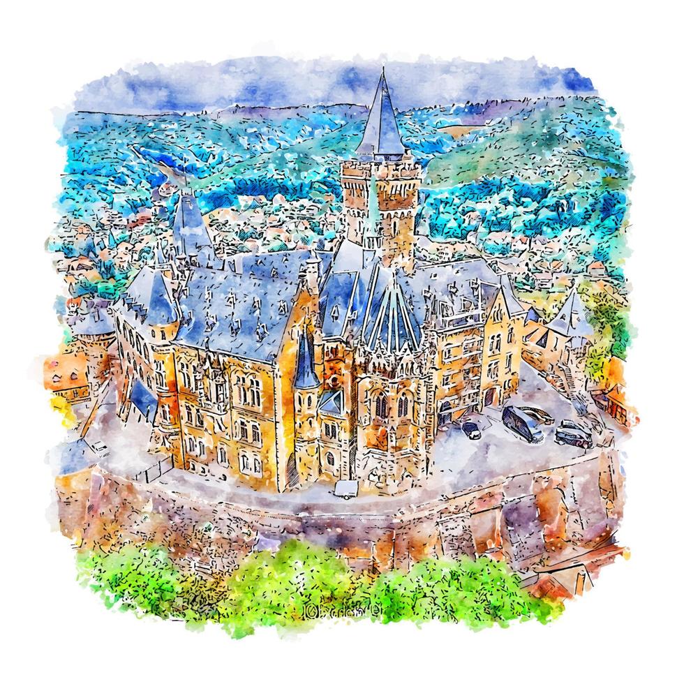 wernigerode deutschland aquarell skizze handgezeichnete illustration vektor