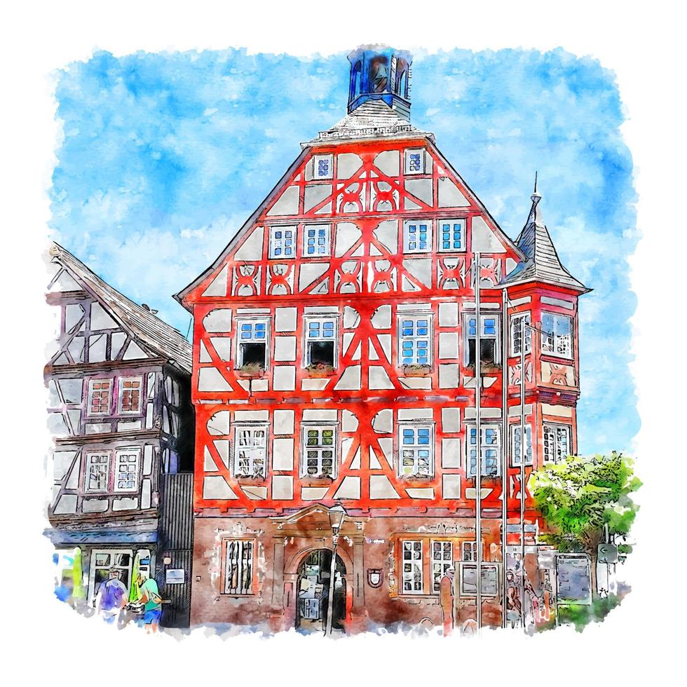 grünberg hessen deutschland aquarellskizze handgezeichnete illustration vektor