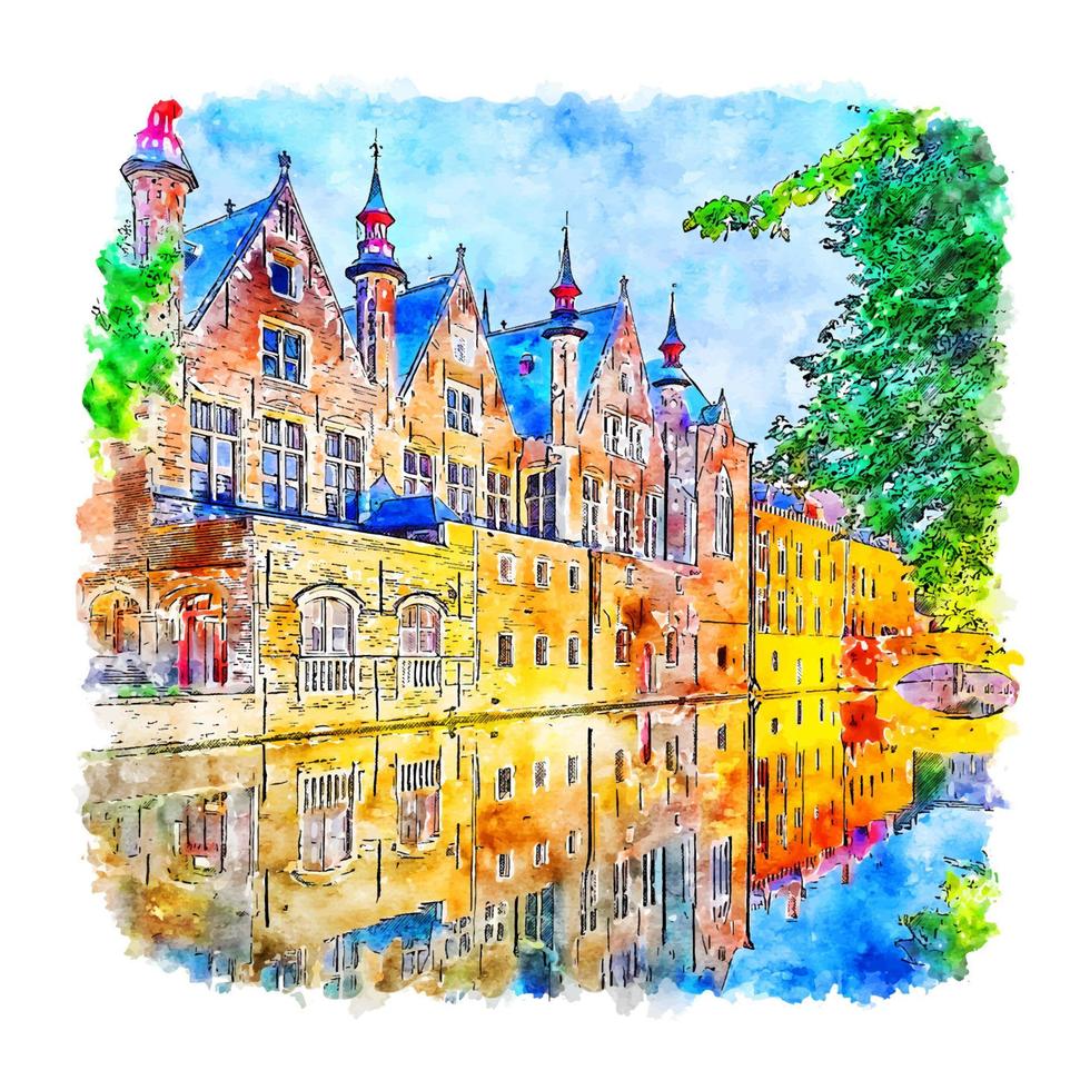 brügge belgien aquarellskizze handgezeichnete illustration vektor