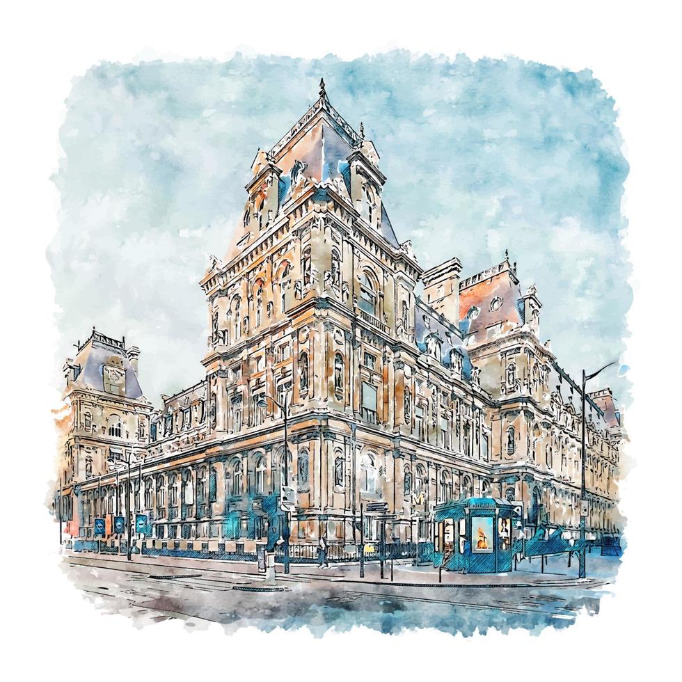 hotel de ville paris frankreich aquarellskizze handgezeichnete illustration vektor