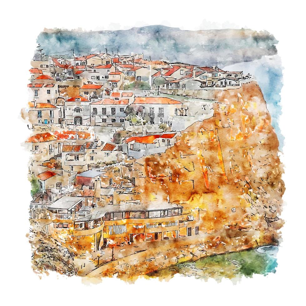 azenhas do mar lisboa portugal akvarell skiss handritad illustration vektor