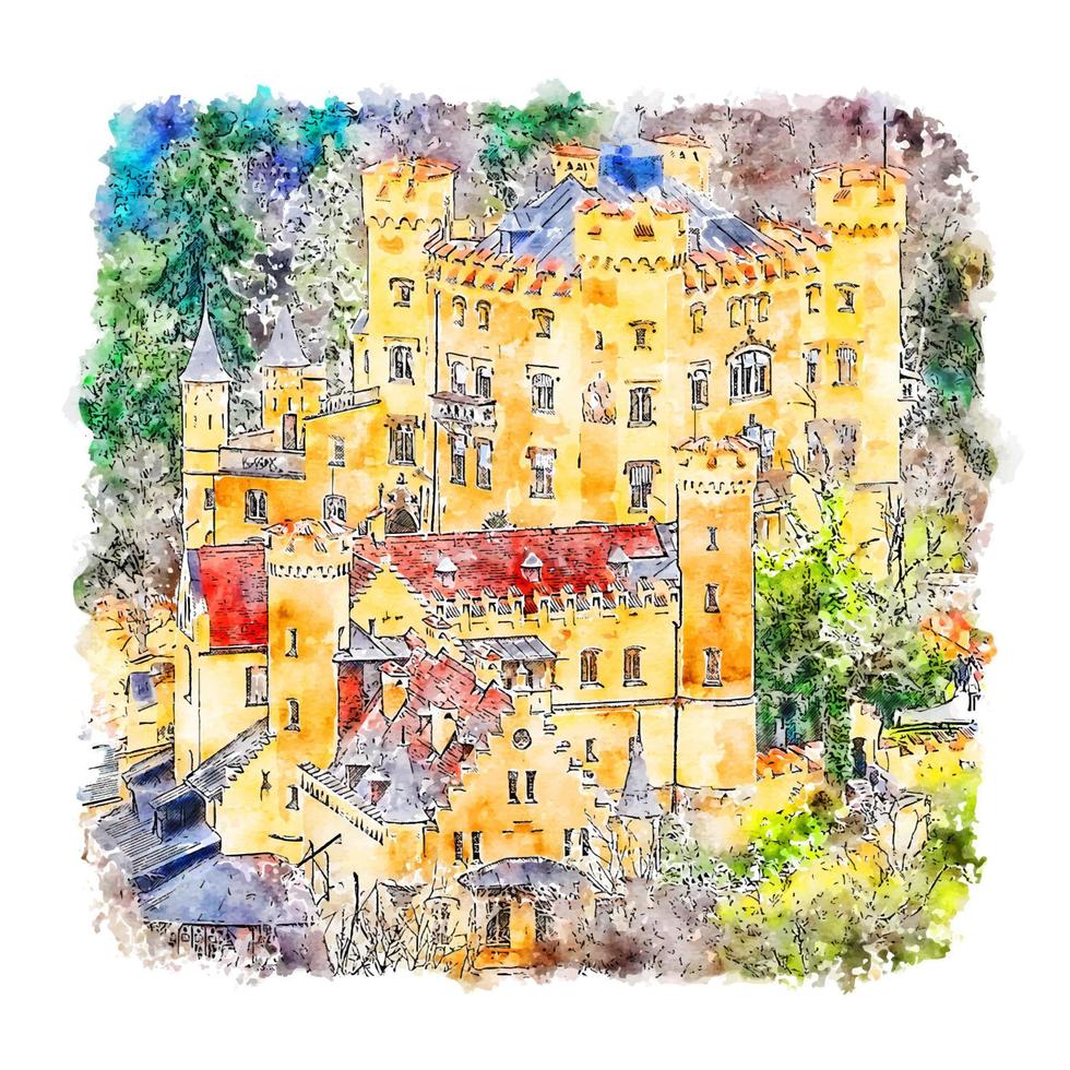 schloss hohenschwangau bayern deutschland aquarell skizze handgezeichnete illustration vektor