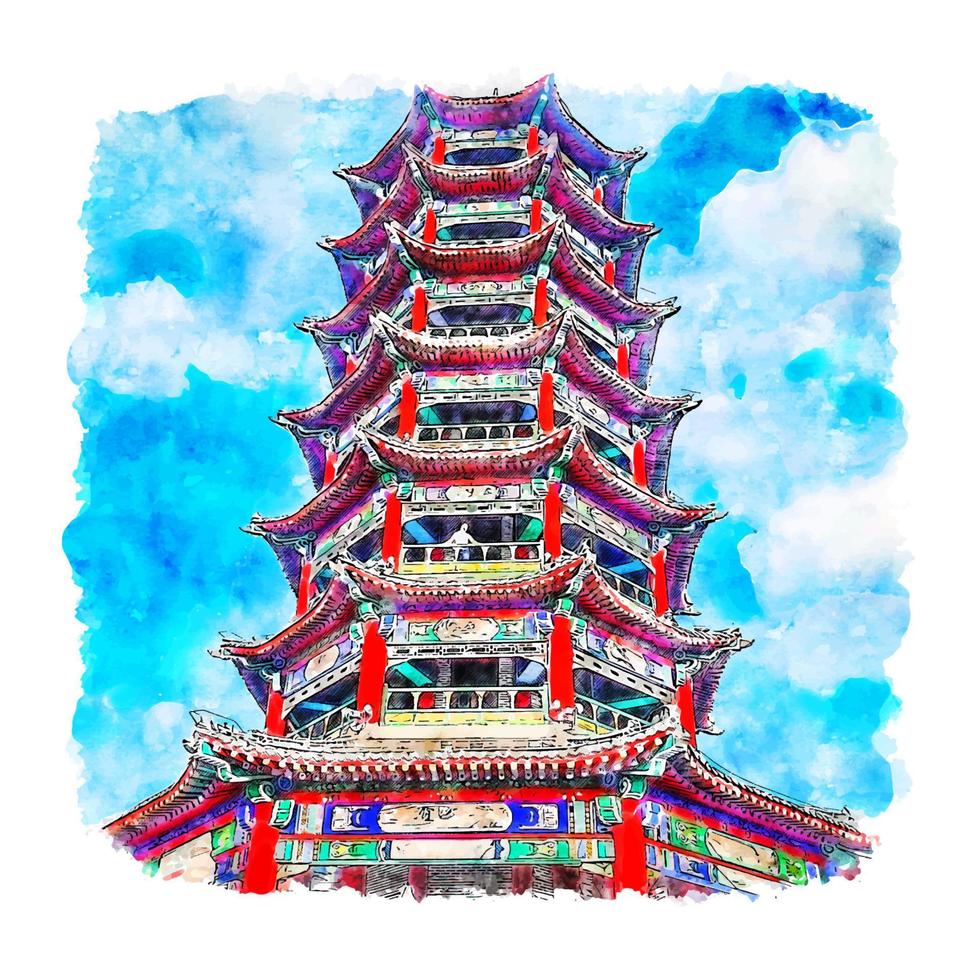 zhengding stadt china aquarell skizze handgezeichnete illustration vektor