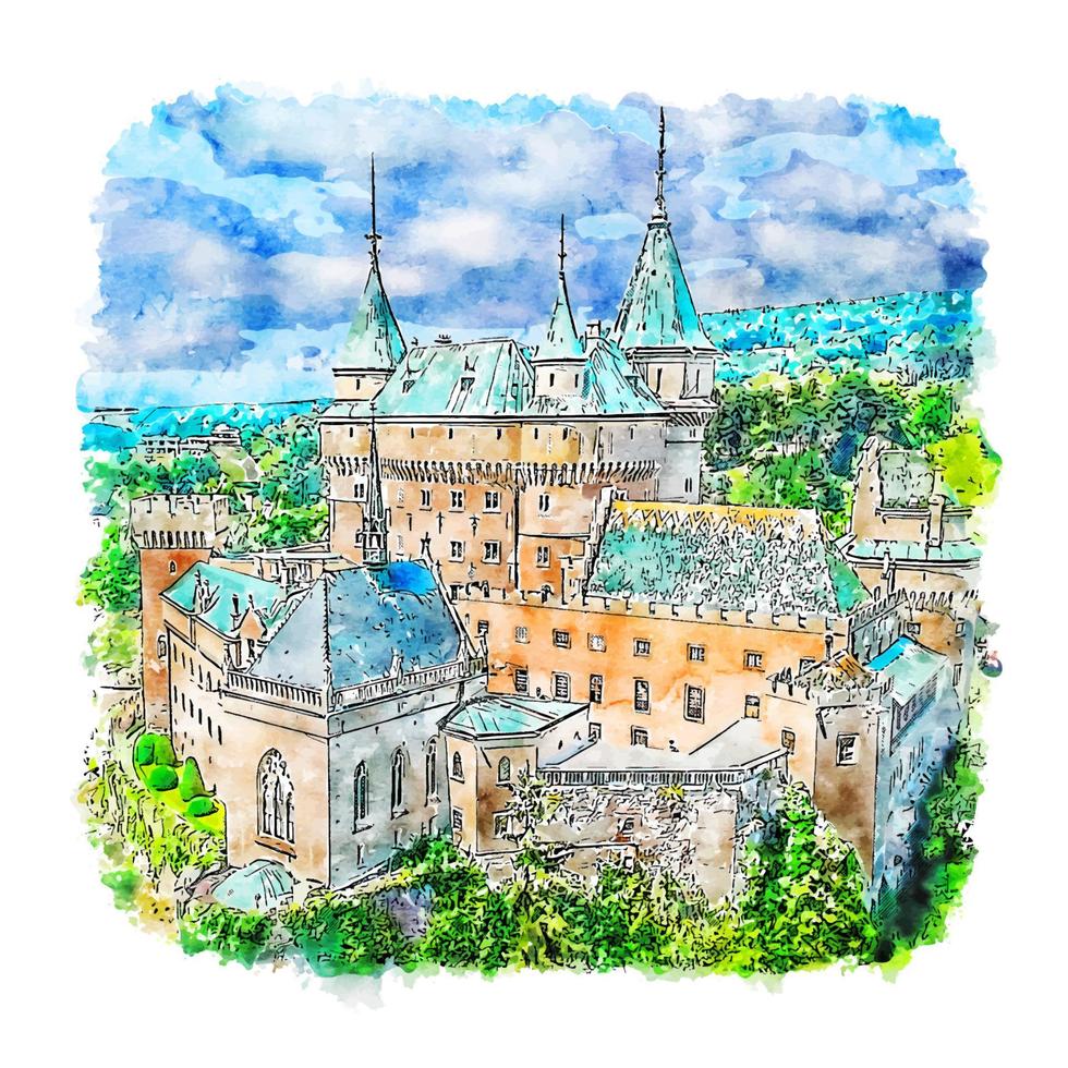 bojnice slott slovakien akvarell skiss handritad illustration vektor