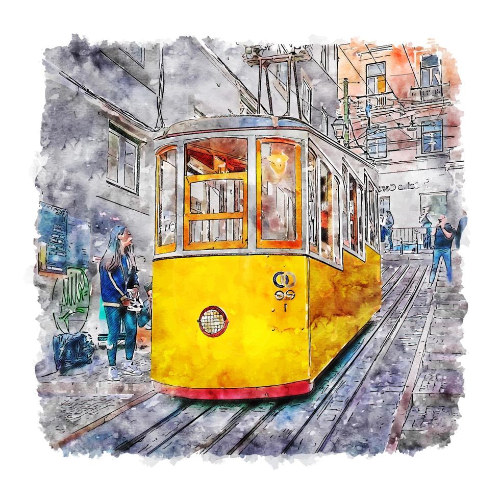 gula tåg lisboa akvarell skiss handritad illustration vektor