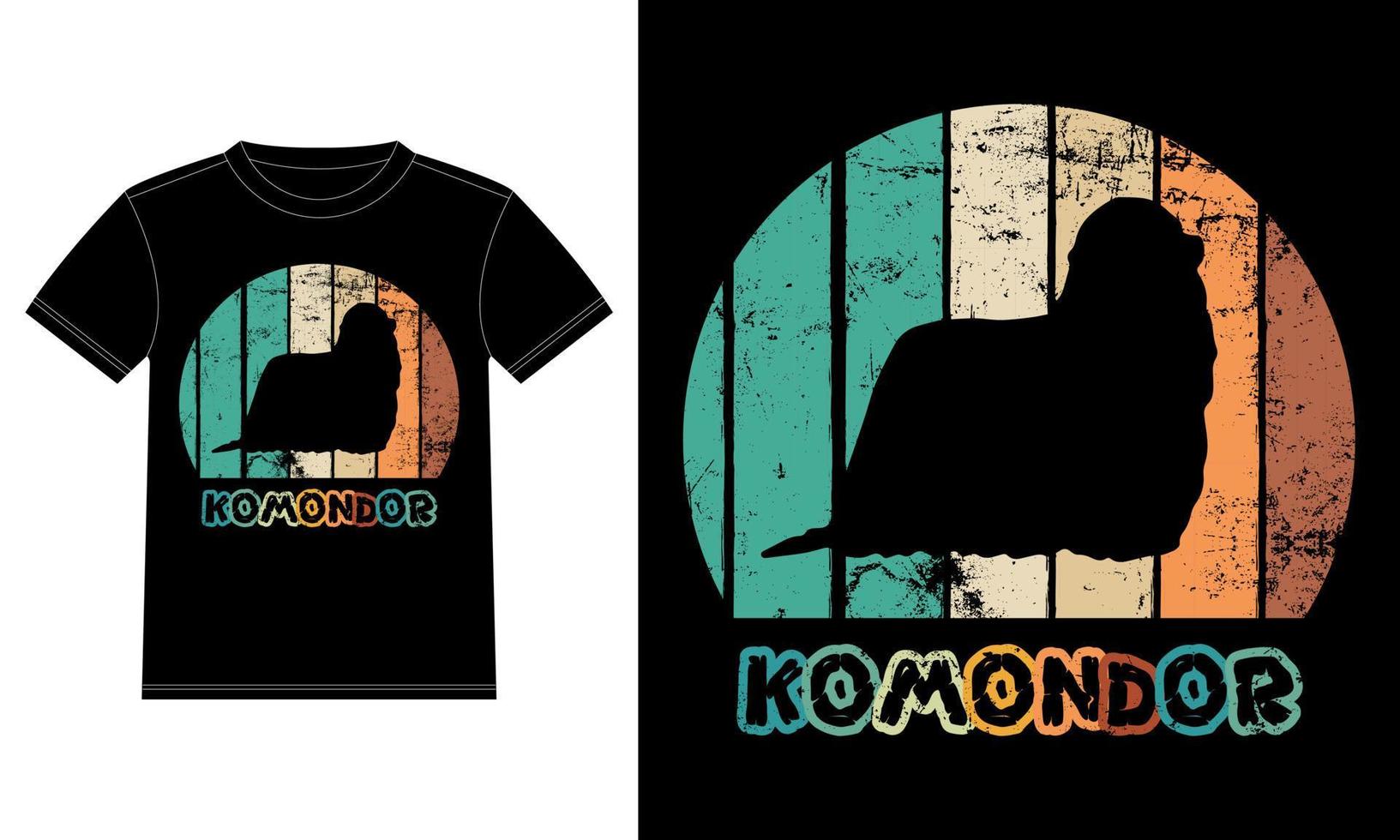 rolig komondor retro vintage solnedgång t-shirt designmall, komondor board, bilfönster klistermärke, pod, lock, isolerad vit bakgrund, siluett present till komondor älskare vektor