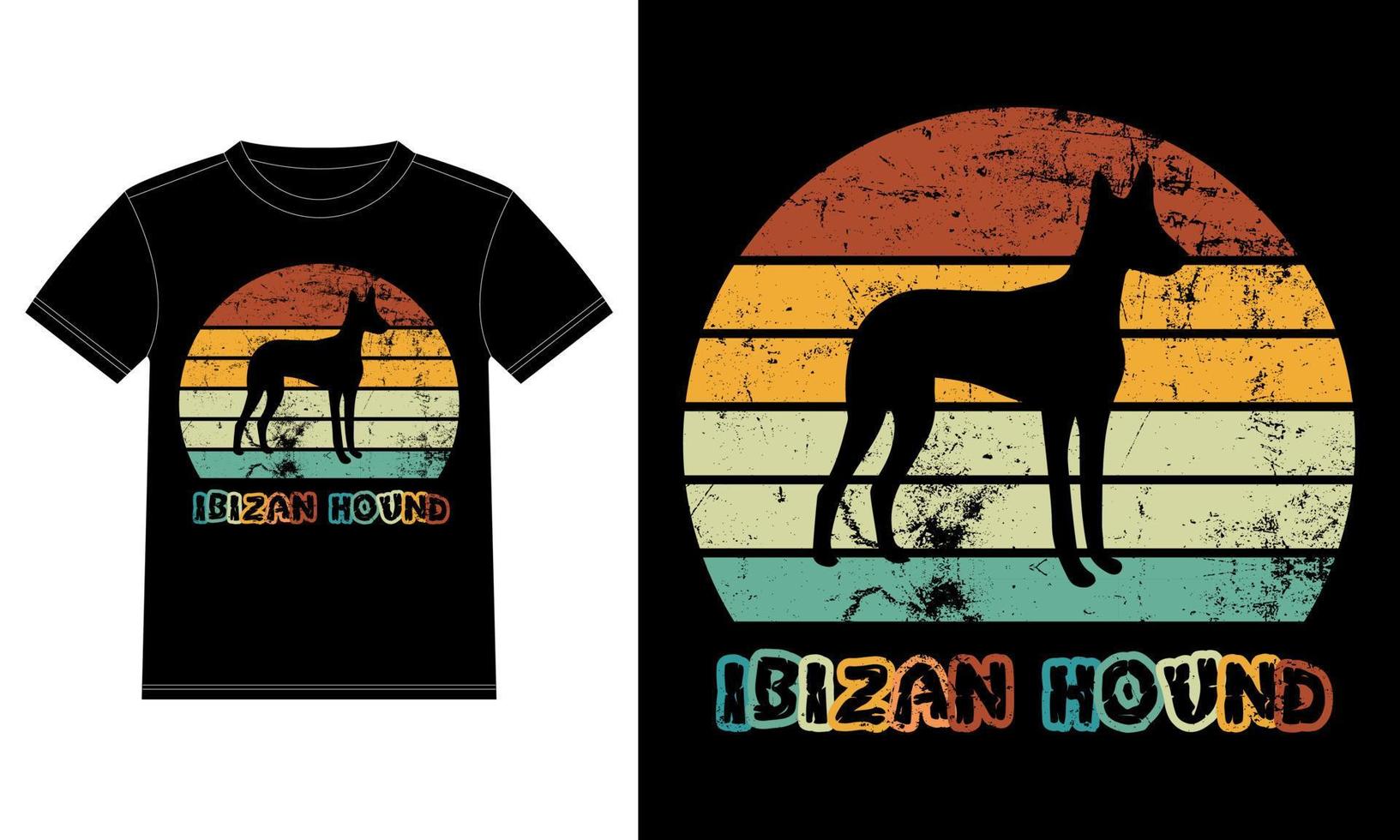 lustiger ibizenkischer Jagdhund Retro-Vintage-Sonnenuntergang-T-Shirt-Design-Vorlage, ibizenkischer Jagdhund-Brett, Autofensteraufkleber, Schote, Abdeckung, isolierter weißer Hintergrund, Silhouettengeschenk für ibizenkischen Jagdhund-Liebhaber vektor