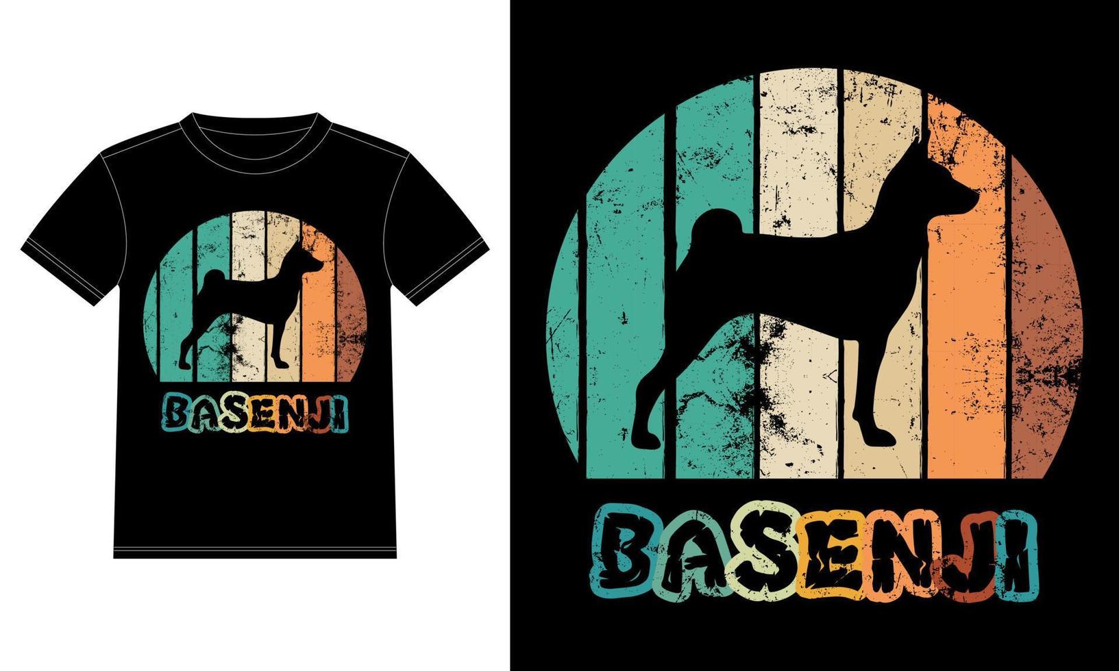 lustiges Basenji-Retro-Vintage-Sonnenuntergang-T-Shirt-Design-Vorlage, Basenji-Brett, Autofensteraufkleber, Schote, Abdeckung, isolierter weißer Hintergrund, Silhouettengeschenk für Basenji-Liebhaber vektor