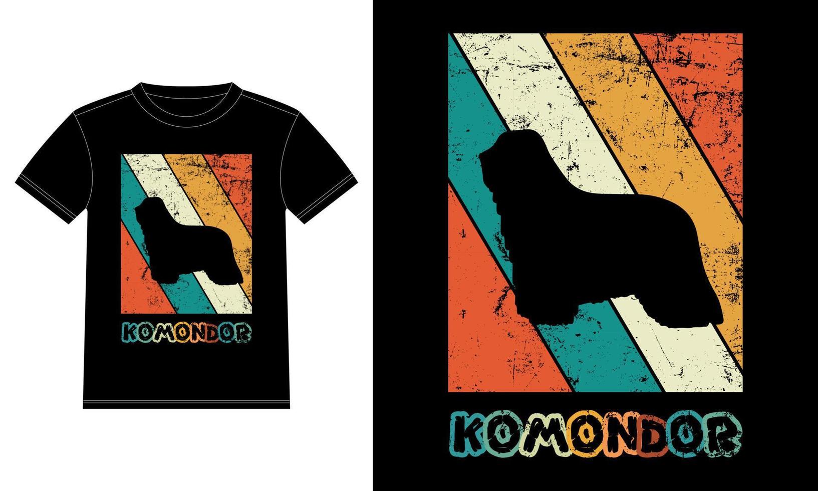 lustige komondor retro vintage sonnenuntergang t-shirt designvorlage, komondor brett, autofensteraufkleber, pod, cover, isolierter weißer hintergrund, silhouette geschenk für komondor liebhaber vektor